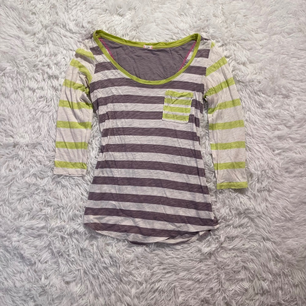 y2k vintage gray, white, & yellow striped long 3/4 sleeve top small